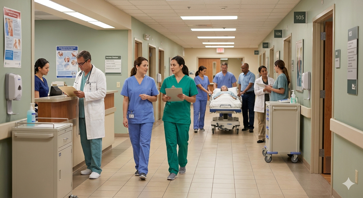 Hospital Corridor with Medical Staff